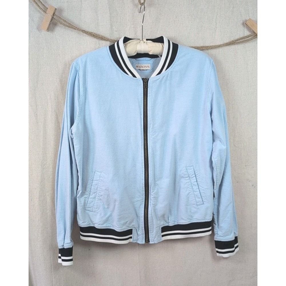 Merona Chambray Varsity Stripe Bomber Jacket Zipper Blue Academia Preppy XXL